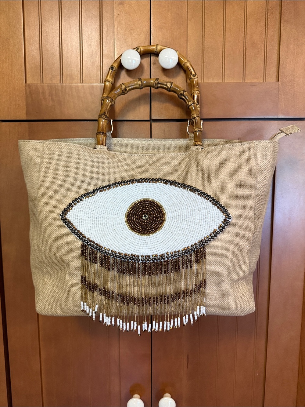 Beaded Eye Fringe Tote in Natural with Bamboo Handles